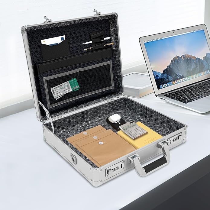 Locking Briefcase, Metal Briefcase w/Strap, Hard Aluminum Carrying Case - Image 3