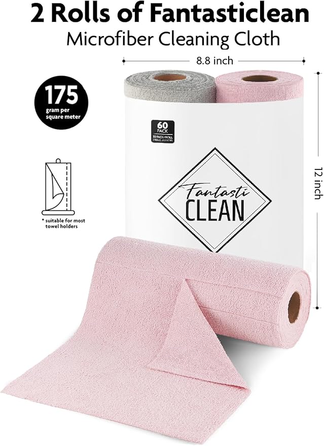 Fantasticlean Microfiber Cleaning Cloth Roll -60 Pack, Tear Away Microfiber Towels, 12" x 12", Reusable, Washable, Scratch Free, Ultra Absorbent Dish Rags for Car, Home, Garage or Shop (Pink & Grey)-DeskLoop Office