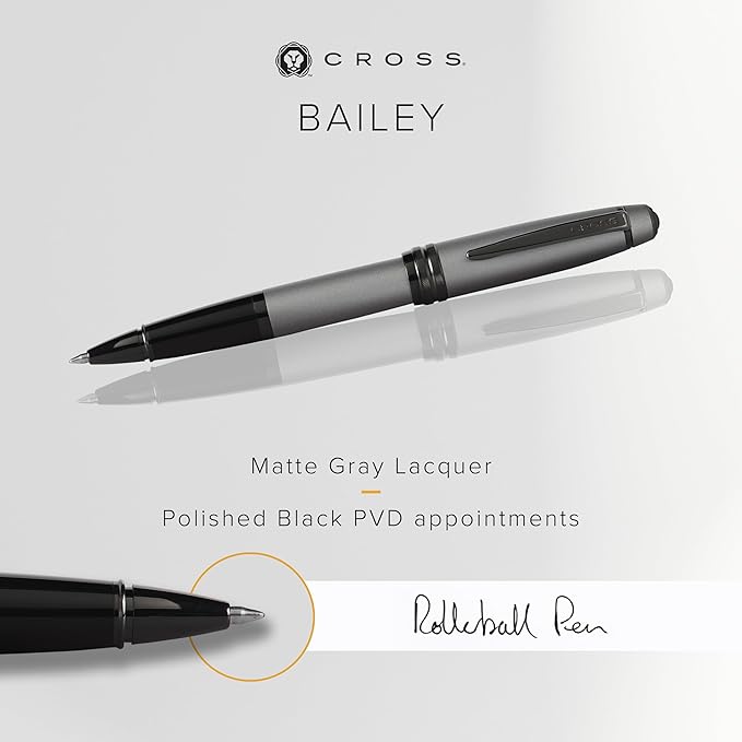 Cross Bailey Refillable Rollerball Pen Presented in a Premium Gift Box - Medium Point, Black Ink, Matte Gray-DeskLoop Office