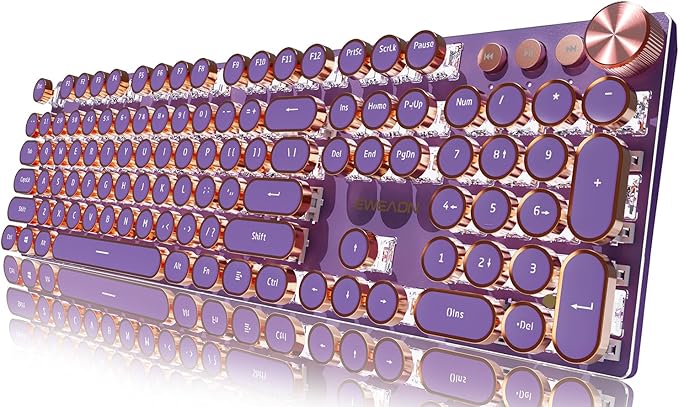 EWEADN Typewriter Style Mechanical Gaming Keyboard, Wired Mechanical Keyboards,104 Keys Backlit LED Keyboards, Media Control Knob, Wired Computer Keyboard Pink Switch for Windows/Mac/PC-Purple-DeskLoop Office