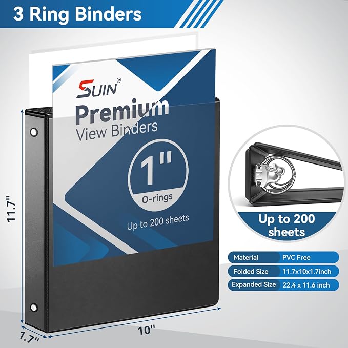 SUIN 1-inch 3 Ring Binder with 2 Interior Pockets, and School Use, 6 Pack Black - Image 2