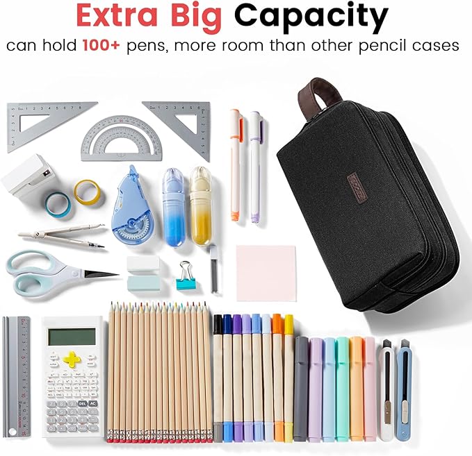 Sooez Large Pencil Case Pouch, Extra Big Pencil Pouch Pencil Bag with PU Handle & Zipper, Sturdy Pen Case with 3 Compartments, Aesthetic School College Supplies Organizer for Men Women Boys, Pink-DeskLoop Office