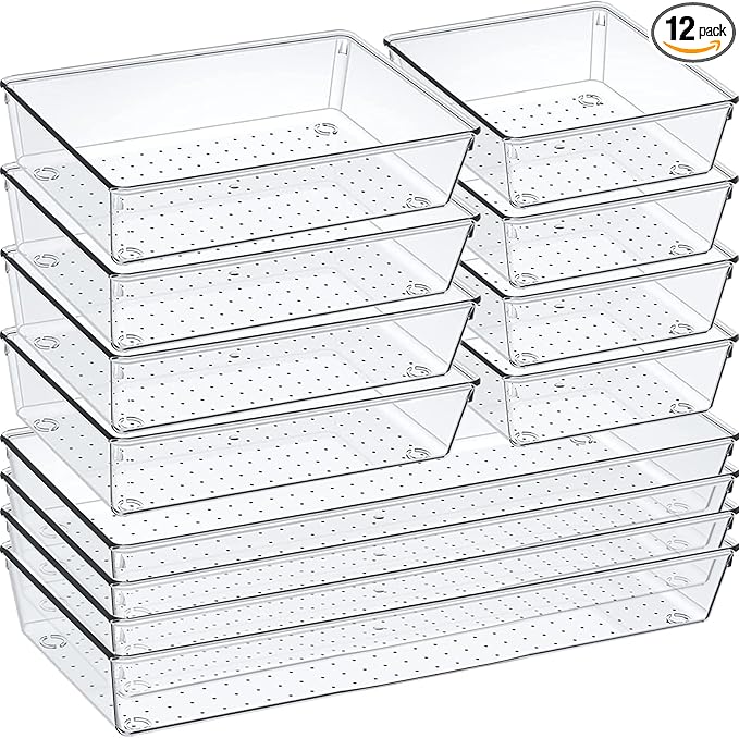 12 Pack Clear Plastic Drawer Organizer Set, Acrylic Non Slip Non Cracking Kitchen Drawer Storage Tray Large Size Divider, Multifunctional Storage for Cosmetics, Bathroom, Tools, Kitchen and Office-DeskLoop Office