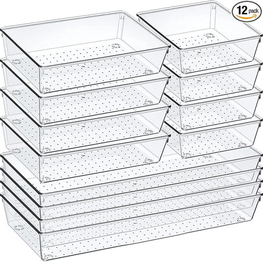 12 Pack Clear Plastic Drawer Organizer Set, Acrylic Non Slip Non Cracking Kitchen Drawer Storage Tray Large Size Divider, Multifunctional Storage for Cosmetics, Bathroom, Tools, Kitchen and Office-DeskLoop Office