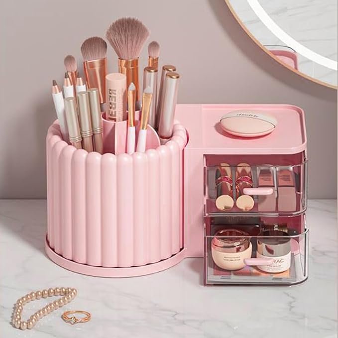 Anyoifax 360 Rotating Makeup Brush Holder 7 Slots Makeup Organizer with Drawer Removable Spinning Cosmetic Storage Pen Holder for Vanity, Dresser, Desk, Pink-DeskLoop Office