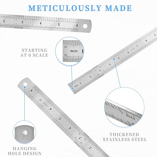 3 Pack Stainless Steel Ruler Set, 12 Inch Metal Rulers, Steel Rulers Metric - Image 2
