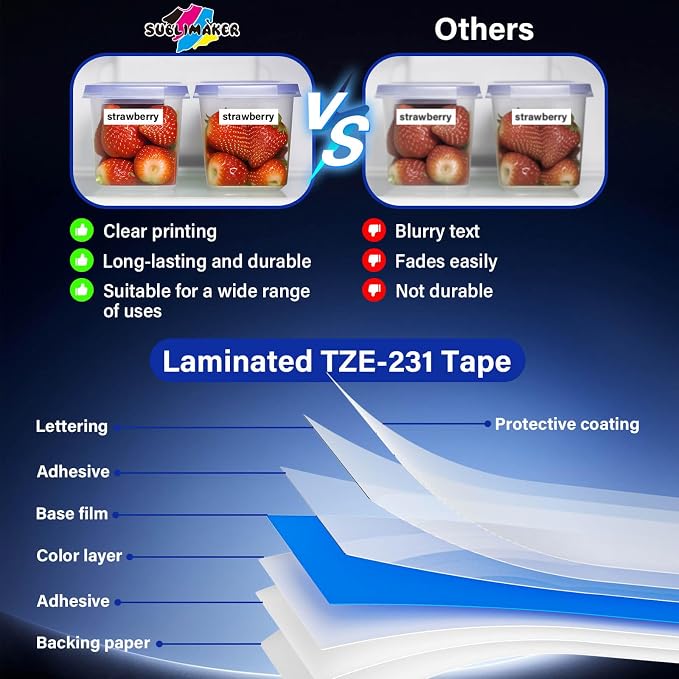 TZE-231 Label Maker Tape 12mm 0.47 Laminated Black on White 1/2" x 8m - Image 7