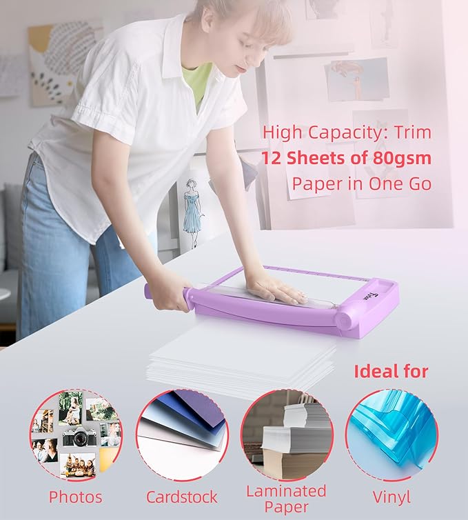 Firbon 12" Guillotine Paper Cutter, Heavy Duty 12-Sheet Capacity Trimmer for Cardstock, Photos, Scrapbooking, Office, Classroom, Studio (Purple)-DeskLoop Office