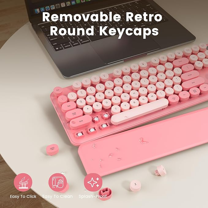 Wireless Keyboard, Round Keycaps, Retro Typewriter Keyboard with Detachable Wrist Rest, Sleep Mode, Foldable Legs, 2.4GHz Full-size Cordless Computer Keyboard for Windows/PC/Laptop (Baby Pink)-DeskLoop Office