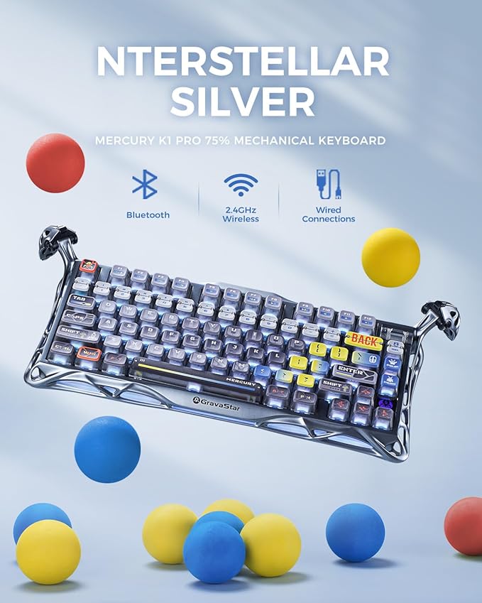 GravaStar Mercury K1 Pro Wireless Mechanical Gaming Keyboard, 75% Layout RGB Custom Keyboard, Hot-Swappable Linear Switches – Aluminum Alloy, Interstellar Silver Brushed Metal Look-DeskLoop Office