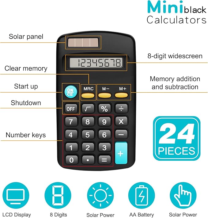24 Pack Basic Mini Calculators - 8 Digit Display, Solar Battery & AC Power, Handheld for Office, School & Home-DeskLoop Office