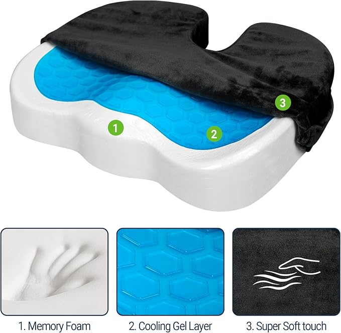 Gel Seat Cushion for Car Office - Memory Foam Pain Relief Chair Pillow Cushions - Tailbone Sciatica Coccyx Butt Lumbar Support Pad for Sitting Driving Traveling, Velvet, Black-DeskLoop Office