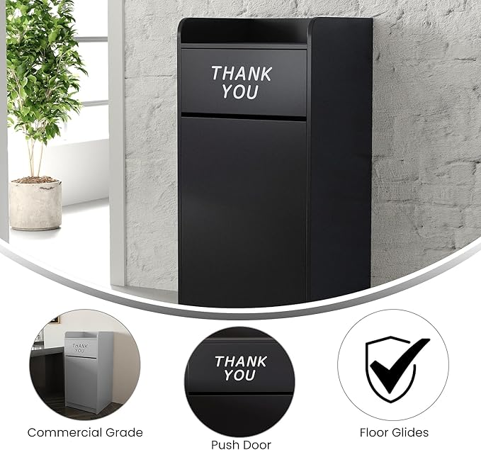 Flash Furniture Sony Laminate Wood Commercial-Grade Trash Receptacle with Tray Top, Wooden Restaurant Trash Can Cabinet and Garbage Receptacle, Black-DeskLoop Office