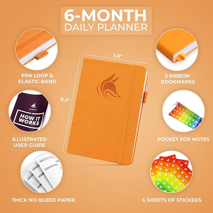 Clever Fox Daily Planner – Undated Planning Notebook with Hourly Schedule & To-Do List – Personal Day Task & Work Organizer, 6 Months (Orange)-DeskLoop Office