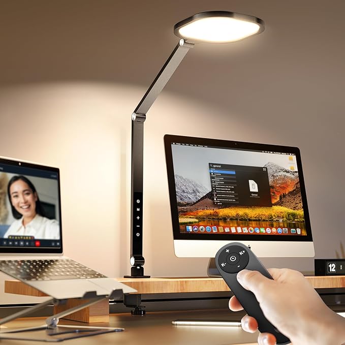 Led Desk Lamps for Home Office, Eye-Care Architect Light with Clamp, Dimmable Zoom Lighting with 3 Color Modes & 10 Brightness, Smart Computer Ring Light for Video Calls, Conference, Reading-DeskLoop Office
