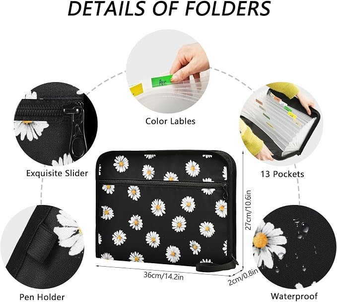 Expanding File Folder White Daisy Flower Black Accordion File Organizer 13 - Image 4
