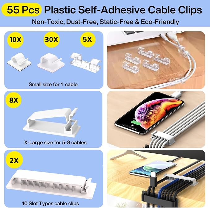 Cable Management Kit, 67 Adhesive Cable Clips, Topavatop Desk Cord Organizer - Image 2