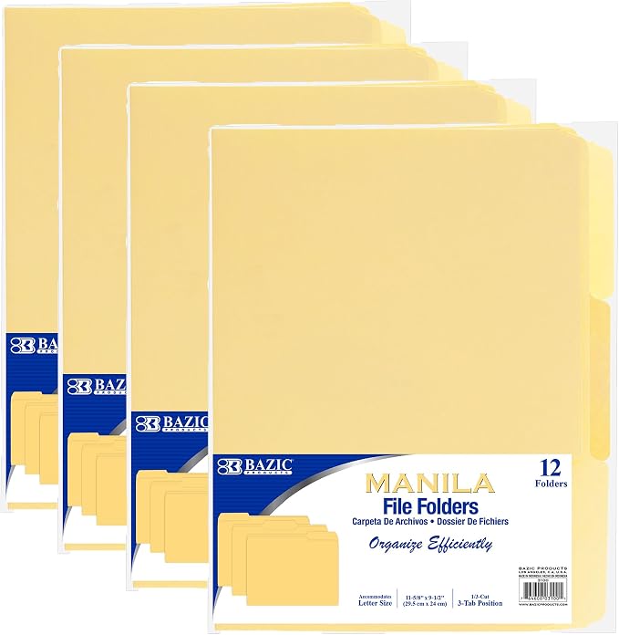 BAZIC Products Letter Size Manila File Folders, 1/3-Cut Tab, 12 Pack, by BAZICProducts