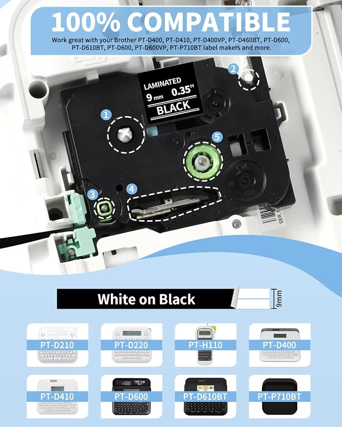 9mm Label Maker Tape White on Black Replacement - Image 2