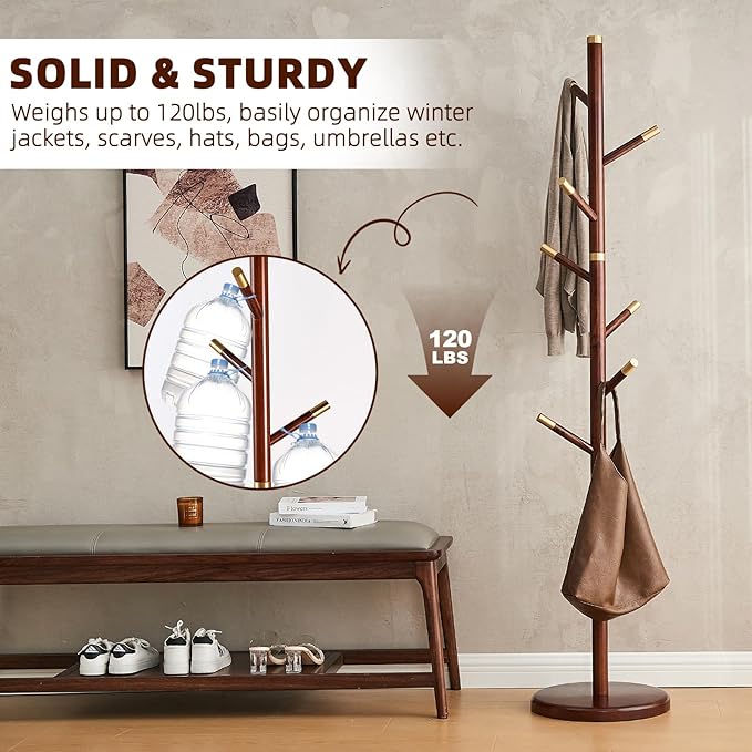 Uniclinens Coat Rack Freestanding Solid Wood Coat Tree Standing with 7 Hooks, Coat Rack Stand Creative Tree Branch-look (Walnut)-DeskLoop Office