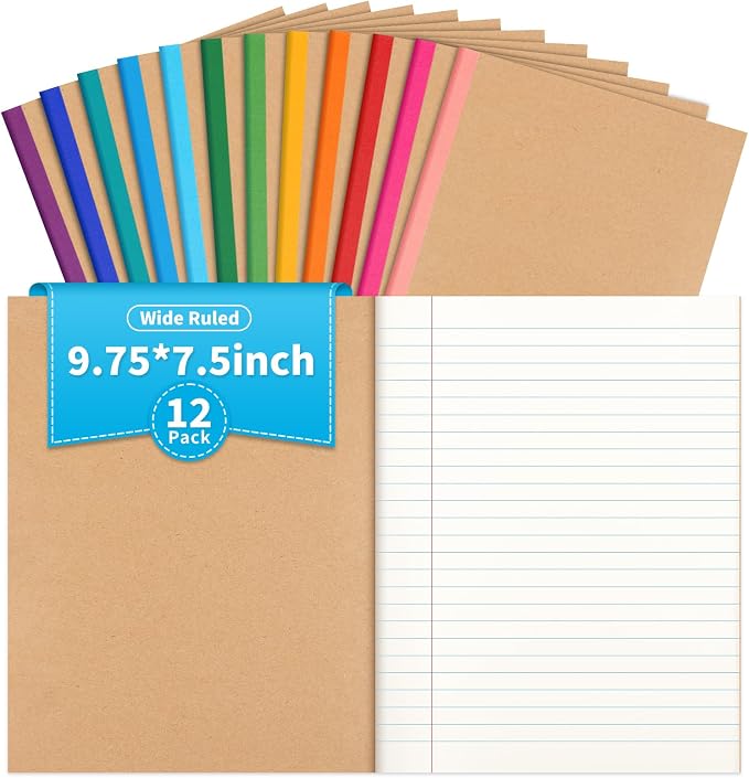 12 Pack Composition Notebook Journals Bulk, 7-1/2" x 9-3/4", Wide Ruled Paper by ALKALO