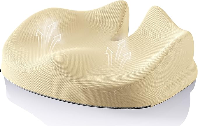 Benazcap Large Seat Cushion for Office Chair Memory Foam Coccyx Pain Relief Cushion Pillow for Back Support Non-Slip Seat Pad for Office Desk, Car Seat, Wheelchair, Sciatica-Beige-DeskLoop Office