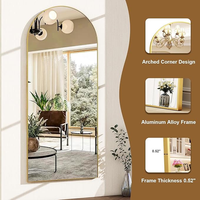 HARRITPURE Arched Full Length Mirror - 64"x21" Free Standing Leaning Mirror Hanging Mounted Aluminum Frame Modern Home Decor for Living Room Bedroom Cloakroom, Gold-DeskLoop Office