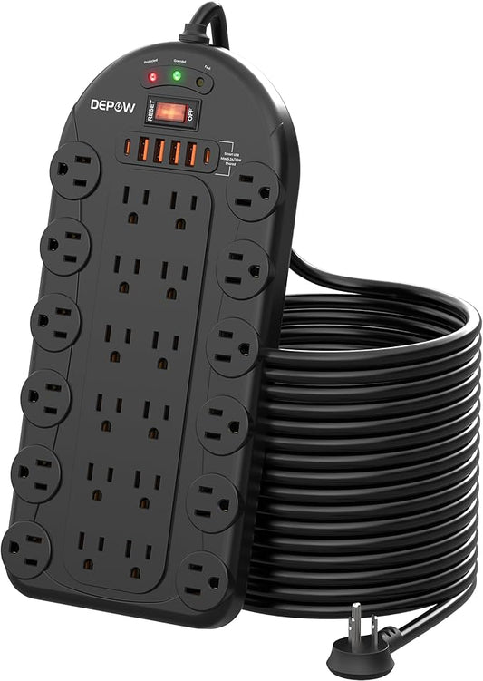 15Ft Power Strip Surge Protector (3,400 Joules), DEPOW 24 AC Multiple Outlets (1875W/15A) with 6 USBs (2 USB-C Ports), ETL Listed, Flat Plug Heavy Duty Long Extension Cord for Home, Office, Black-DeskLoop Office