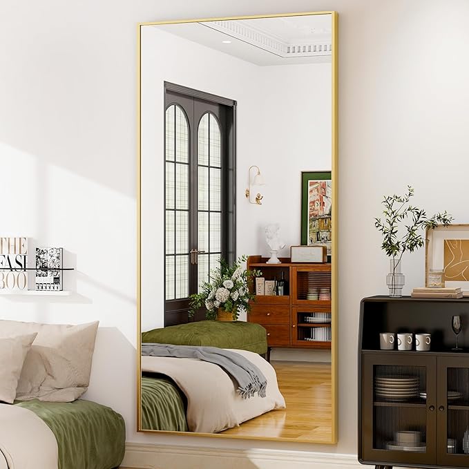 GLSLAND 76"x34" Full Length Mirror Extra Large Hanging or Leaning Rectangle Mirror Aluminum Alloy Thin Frame Bedroom Floor Dressing,Gold-DeskLoop Office