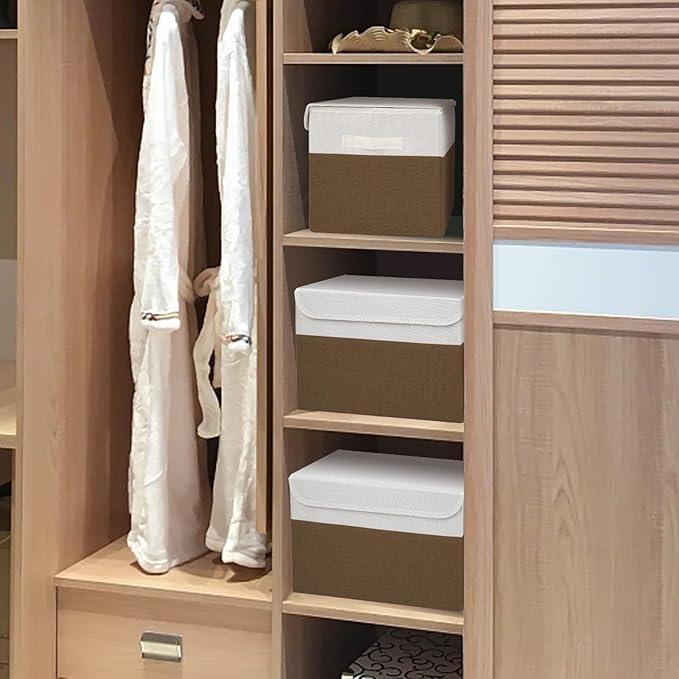 Large 17" 42 Quarts Collapsible Stackable Storage Bins with Lids [3-Pack] Foldable Fabric Linen Storage Boxes Cube, Closet Organizer Baskets with Label for Home (16.7 x 12 x 12", Brown & White)-DeskLoop Office