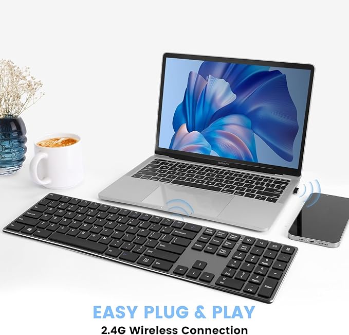 K01R Wireless Keyboard, 2.4G Slim and Compact Wireless Keyboard with Numeric Keypad, Long Battery Life, Lag-Free for PC Laptop Computer Windows, Space Grey-DeskLoop Office