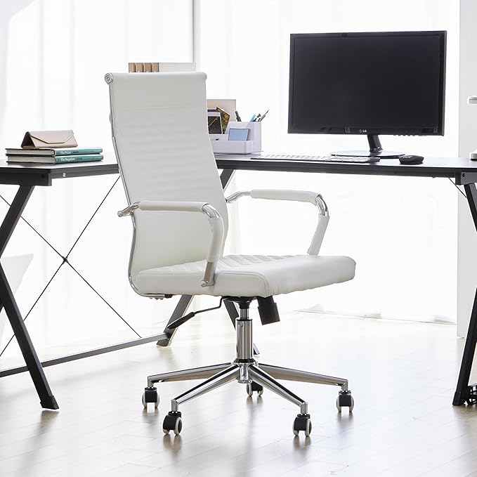 Livinia Modern Executive Office Chair with Patterned Back Design, Chrome & Leather Swivel Chair with High Back, Adjustable Height, Removable Armrests, and Wheels for Home Office (White(Chrome))-DeskLoop Office