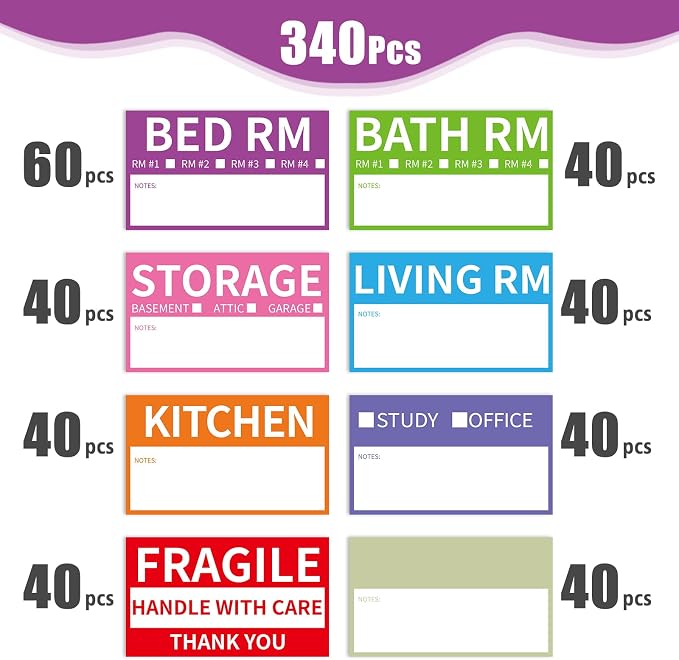 340 Home Moving Labels, 3.4 x 2 inches, 8-Color Coded Packing Box Stickers - Image 3