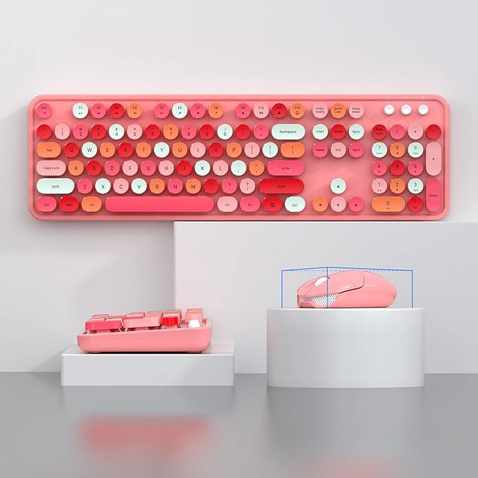 Wireless Keyboard and Mouse Combo, 104 Keys Full-Sized 2.4 GHz Round Keycap Colorful Keyboards, USB Receiver Plug and Play, for Windows, PC, Laptop, Desktop (Pink)-DeskLoop Office