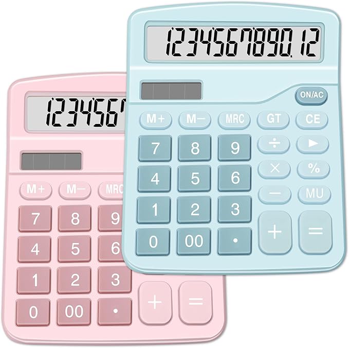 Calculators, Splaks 2 Pack Standard Functional Desktop Calculators Sola and AA Battery Dual Power Electronic Basic Calculator with 12-Digit Large Display for Office, Home, School (1 Blue & 1 Pink)-DeskLoop Office