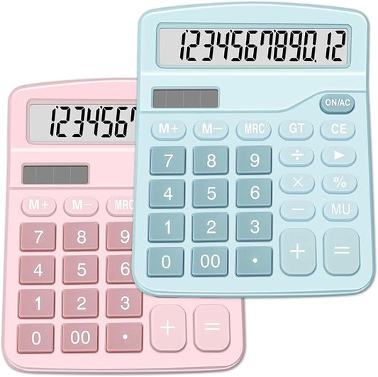 Calculators, Splaks 2 Pack Standard Functional Desktop Calculators Sola and AA Battery Dual Power Electronic Basic Calculator with 12-Digit Large Display for Office, Home, School (1 Blue & 1 Pink)-DeskLoop Office