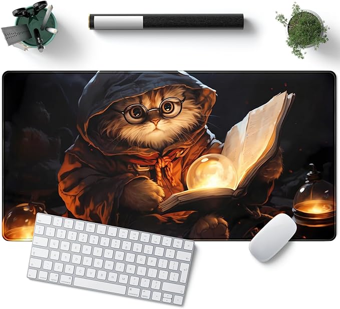 Magical Cat Desk Mouse Mat Black Vintage Desk Pad Playmat for MTG Large Mousepad Gaming Deskpad XXL Keyboard Mouse Pad Full Desktop Mat Desk Cover Mat for Work Office Home (31.5x15.7 in)-DeskLoop Office