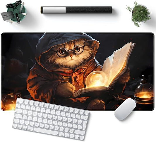 Magical Cat Desk Mouse Mat Black Vintage Desk Pad Playmat for MTG Large Mousepad Gaming Deskpad XXL Keyboard Mouse Pad Full Desktop Mat Desk Cover Mat for Work Office Home (31.5x15.7 in)-DeskLoop Office
