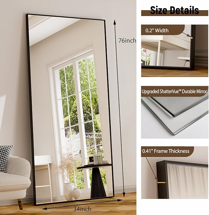 GLSLAND 76"x34" Full Length Mirror Extra Large Hanging or Leaning Rectangle Mirror Aluminum Alloy Thin Frame Bedroom Floor Dressing,Black-DeskLoop Office