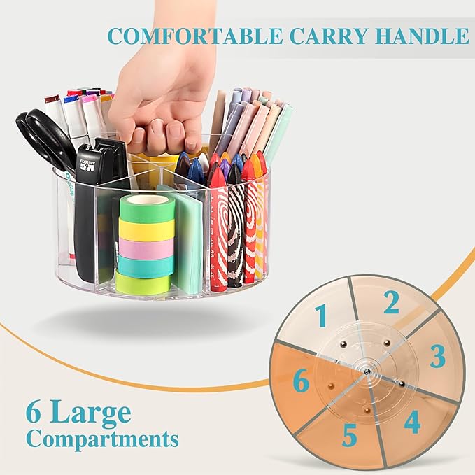 Large Acrylic Pen Holder for Desk, 6 Slots 360-Degree Rotating Pencil Holder Marker Organizer for Kids, Caddy Art Supply Organizer Crayon Organizers for Office School-DeskLoop Office