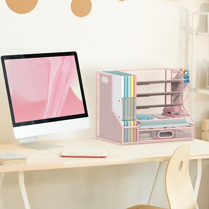 SUPEASY Desk Organizer with File Holder, 5-Tier Mesh Paper Organizer Letter - Image 2