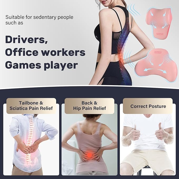 Coverado Lumbar Support and Car Neck Pillow, Ergonomic Memory Foam Desk Chair Cushion and Headrest Pillow for Car Office Chair, Sciatica & Neck & Tailbone Cushion-Pink-DeskLoop Office