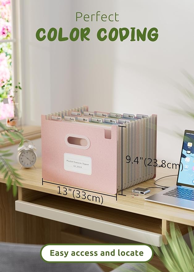Accordion File Organizer, 12 Pockets Wheat Straw Expanding File Folders, Upright&Open Top, Monthly Bill Receipt Organizer, 100%BPA Free, Return to Nature, Healthy Living,Letter/A4 Size-Strawberry Pink-DeskLoop Office