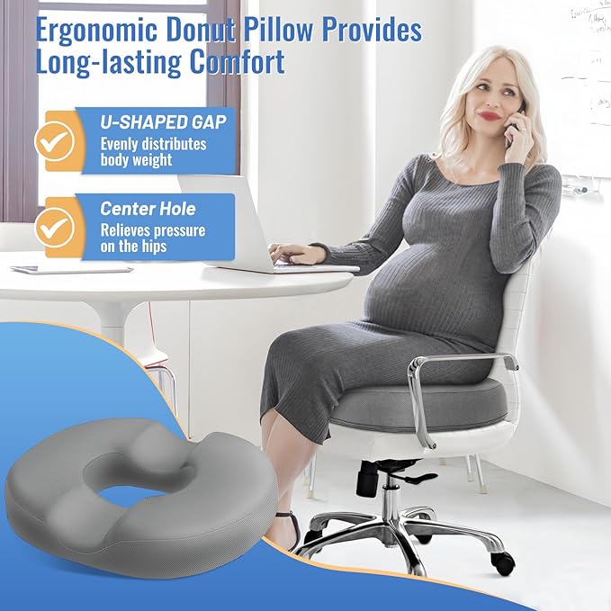 CloudBliss Donut Pillow Seat Cushion Chair Pad for Tailbone Pain Relief and Hemorrhoids, Memory Foam Seat Chair Cushion for Men and Women for Home & Office, (Light Grey)-DeskLoop Office