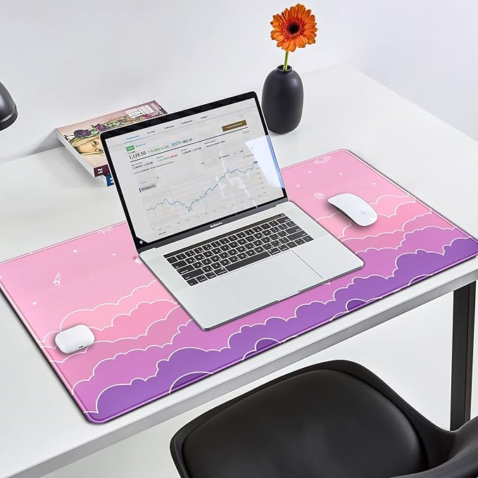 Kawaii Mouse Pad Desk Gaming Accessories Cute Clouds XXL Mouse Pad Pink Anime Office Decor Desk Mousepad Large, 31.5x15.7in Extended Keyboard Mousepad for Desk Girl with Stitched Edges Non-Slip-DeskLoop Office