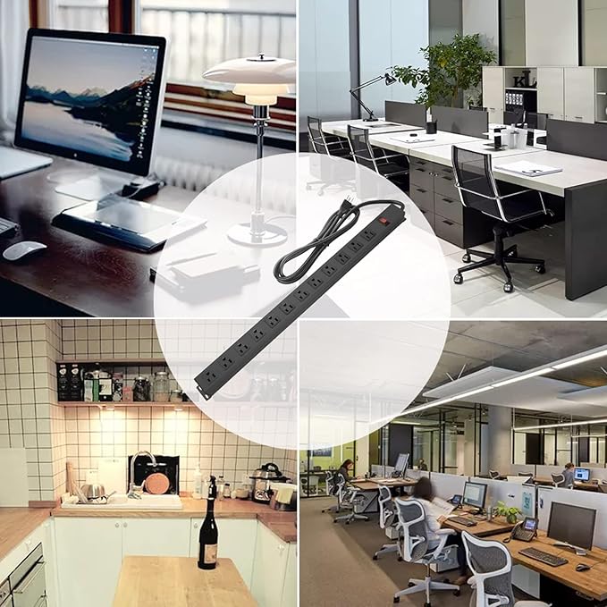 Metal Wall Mount Power Strip, Mountable Power Outlet with 12 AC Outlets, Aluminum Alloy Mount Power Socket with Switch, 3 FT SJT 3/C 14AWG Power Cord, 15A 125V 1875W (12AC)-DeskLoop Office