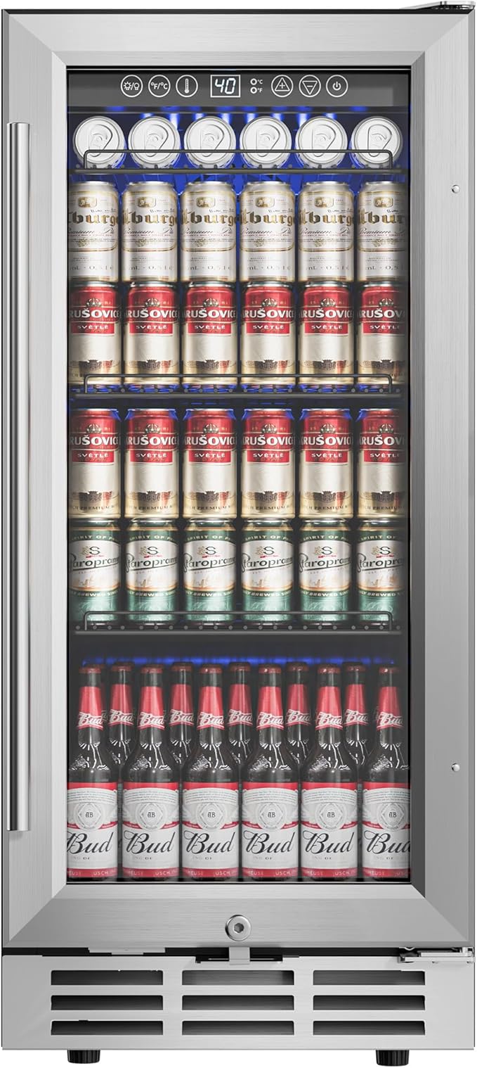 15'' Beverage Refrigerator Cooler - 126 Cans Under Counter Beverage Fridge with LED Light, Built-in Design, Wine Cooler for Home/Kitchen-DeskLoop Office