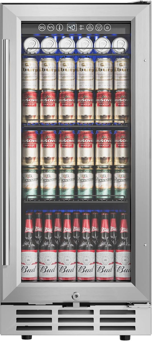 15'' Beverage Refrigerator Cooler - 126 Cans Under Counter Beverage Fridge with LED Light, Built-in Design, Wine Cooler for Home/Kitchen-DeskLoop Office
