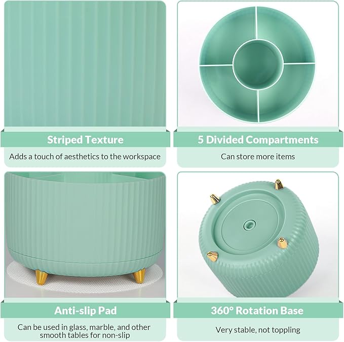 SKYDUE 360 Degree Rotating Desk Organizer, Dual-Purpose Pencil Pen Holder for Desktop, Rotating Desk Pen Organizer with 5 Slots, Pencil Cup for School, Home, Office Supplies (Bean Green)-DeskLoop Office