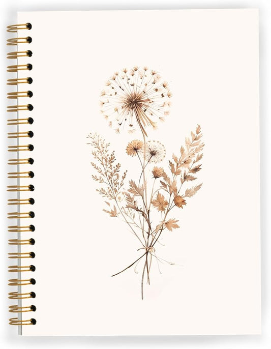 JWVK Boho Floral Spiral Notebook, Rustic Neutral Flower Herbs Notebooks by JWVK